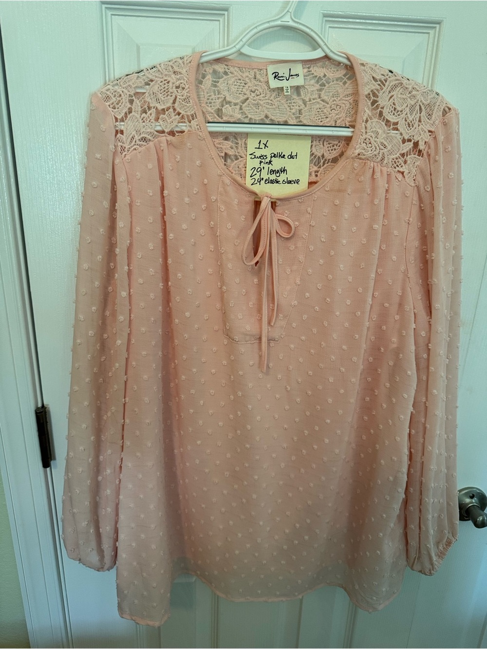 Women's Pink Swiss Dot Lace Yoke Blouse